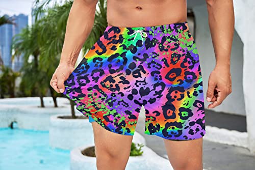Neon Mens Swim Trunks with Compression Liner Leopard Swim Trunks Men Board Shorts Men's Swimsuit 7 Inch Inseam4
