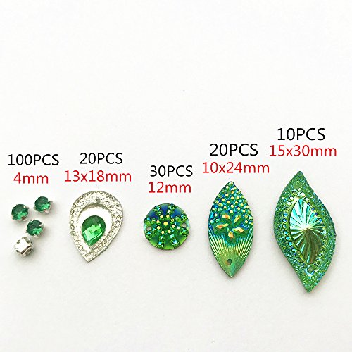 180PCS Mixed Shapes Stunning Green Gems Sew On Rhinestones Faceted Flatback Crystal Jewelry for DIY Crafts Decoration