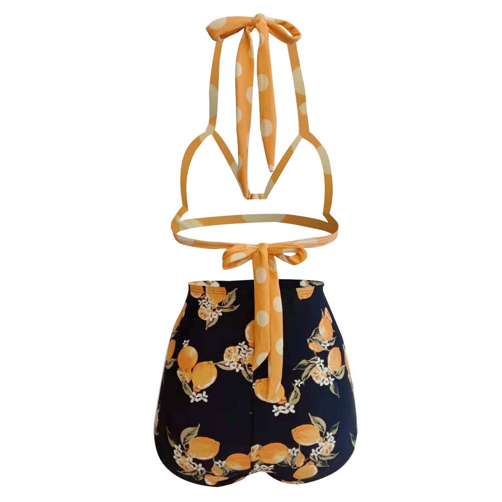 Donna Classico Bikini Costumi da Bagno Due Pezzi, Costume da bagno donna 2 pezzi Costumi da bagno Backless Halter Dot Top a vita alta Tropical Lemon Bottoms Strappy Estate Costume da bagno Surf Costum