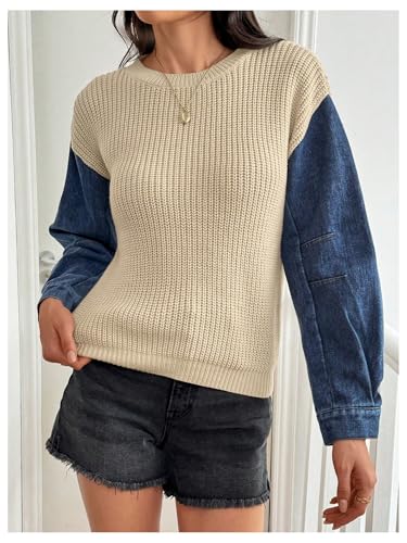 MakeMeChic Women's Denim Patchwork Long Sleeve Sweater Crew Neck Color Block Y2K Knitted Pullovers Top3