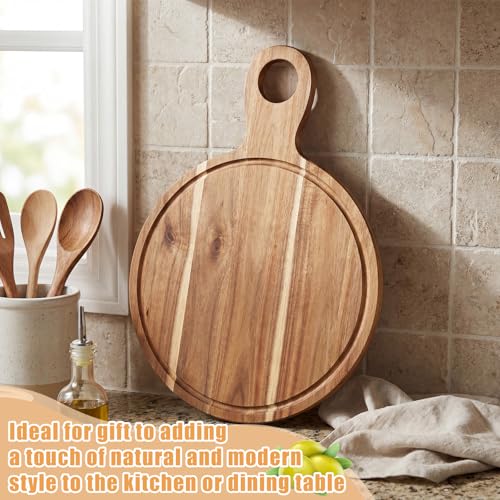 Image of 10 Pcs Acacia Wood Cutting Board with Handle Bulk 15.8 x 11.4'' Round Charcuterie Chopping Board for Pizza Cheese Meat Decorative Natural Wooden Serving Tray for Kitchen and Dining Room