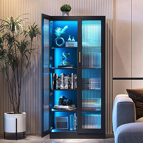 LVSOMT 67" LED Storage Cabinet with Charging Station, Sockets & USB Ports, Kitchen Pantry Cabinet, Hutch Cabinet for Dinning Room, Buffet Sideboard, Microwave Cabinet with Top & Bottom Doors