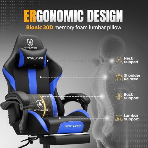 GTRACING Gaming Chair with Foot Rest & Pocket Spring Cushion, Ergonomic High Back Computer Chair with Headrest & 360°-Swivel Seat for Home Office Desk, PU Leather, Blue
