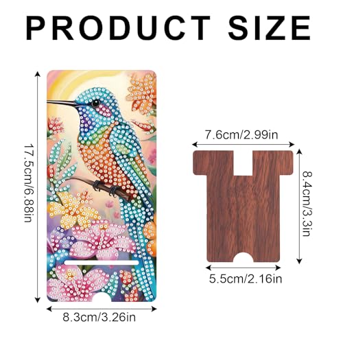Image of Hummingbird Diamond Painting Phone Stand with Mirror, Floral DIY Wooden Diamond Art Desktop Holder, 2-in-1 Multi-Functional Diamond Painting Tabletop Ornament for Home and Office