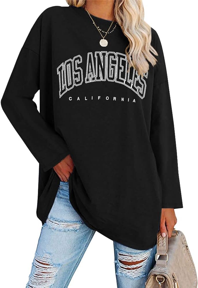 Ebifin Oversize T Shirt Damen Vintage Kurzärmeliges Rundhals Los Angeles Oberteile Tops Casual Lockere Basic Sommer Tee Shirts Bluse.