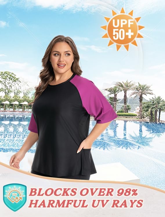 Women's Plus Size Rash Guard Swim Shirt UPF50+ Short Sleeve Sun Protection with Pockets | Tagless, Tummy Control & Mesh Vents
