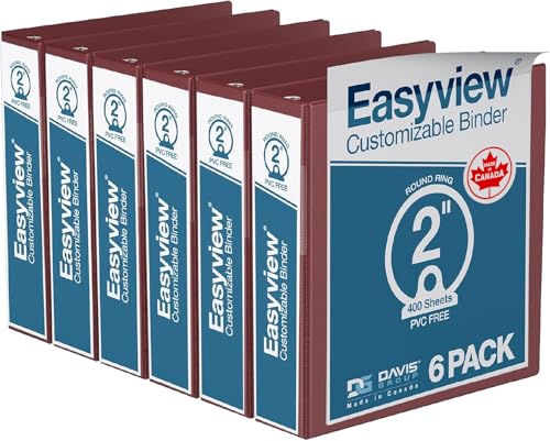 Image of Easyview 3-Ring Binder, Clear-View Cover, 2 inch Round Rings, Burgundy, 6 Pack | Heavy-duty binder, fits 8.5 inch x 11 inch paper, customizable cover, made in Canada, ideal for school or office use