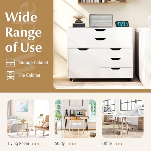 Image of DREAMADE File Cabinet, Rolling File Cabinet with 5 Drawers, Door & Lockable Metal Wheels, Mobile Filing Cabinet with Storage, Wood Printer Stand for Home Office Study (White)