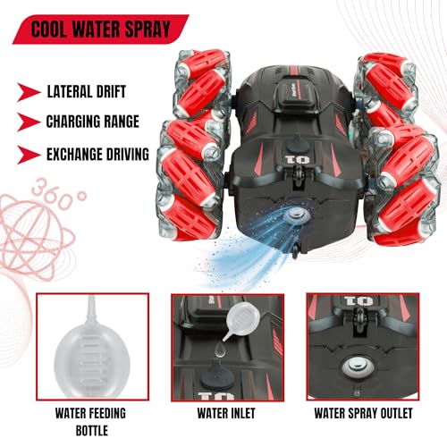 Image of Stunt Spray Car with 360 Rotation, Drift Wheels, LED Lights & Remote Control | RC Car for Kids with Mist Spray & Music | High-Speed, Off-Road, Drift Car Toy for Boys & Girls | Red