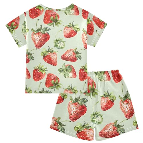 ALAZA Watercolor Strawberry Fruit Green Pajamas Short Sleeve 2 Piece Sleepwear Top and Bottom Pajama Set Unisex2