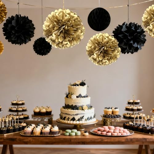 Image of Black Gold Paper Pom Poms for Wedding Birthday Black Gold Party Decoration - Ceiling Wall Hanging Tissue Flowers - 12pcs 2 Colors of 12 Inch 10 Inch