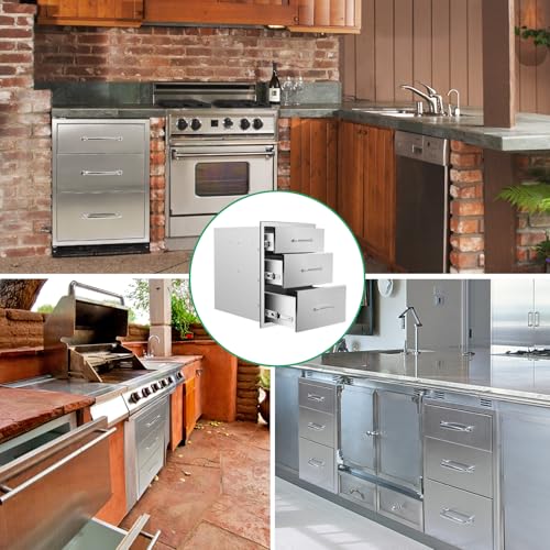 Image of Outdoor Kitchen Drawers 18 inch Wx 23 inch H x 23 inch D Stainless Steel Triple Drawers with Ergonomic Handle for BBQ Island, Patio Grill Station & Outdoor Kitchen Cabinets