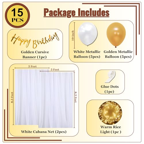 Image of 1iAM Happy Birthday 15pcs Golden & White Romantic Cabana Decoration Items Combo Pack for Husband, Wife, Girlfriend, Boyfriend, Baby | Photoshoot Background for Outdoor, Indoor, Home, Room, Office