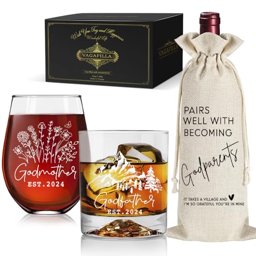 Est 2024 Godfather Godmother Ice Tip Mountain Whiskey & Wine Glass Gift Set, Novelty Birthday Thanksgiving Christmas Baptism Gifts for Godparent Men Women Her Him, 1 Pack Reusable Burlap Wine Bag-46
