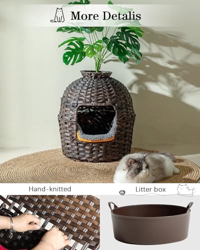Image of SETVSON Cat Litter Box Plant Furniture Enclosure, Hidden Handwoven Rattan with Cat Litter Box and Artificial Plants, Odor Control Filter, Real Stones in Living Room, Bedroom, Corner (Brown)