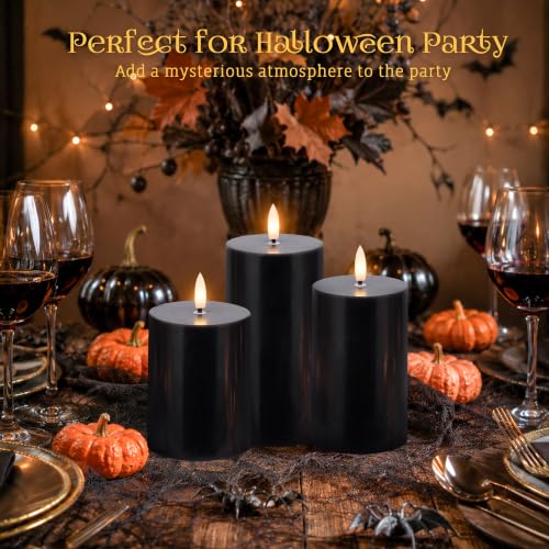 Image of JOIONE Black Flameless Pillar Candles with Remote, 3 Pack Halloween Decor | Battery Operated LED, Black Real Wax, Remote Control, Warm Flickering Glow, Safe Halloween Home & Party Decor