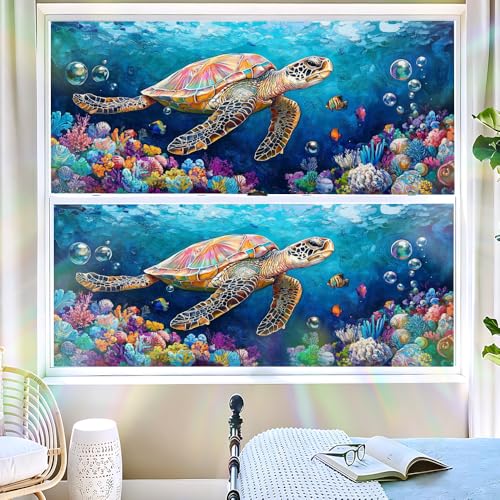 Image of Sea Turtle Stained Glass Window Film - Ocean Privacy Cling