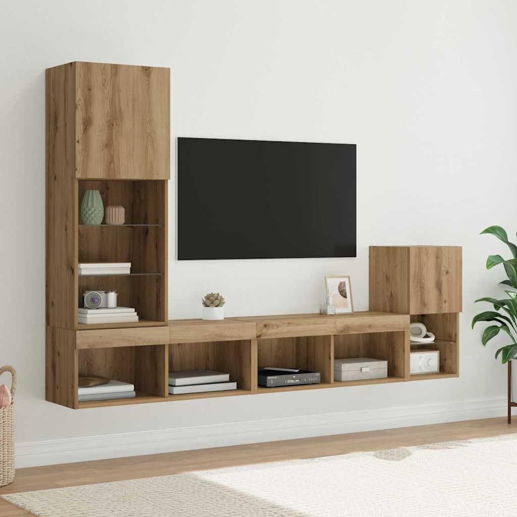 Meuble TV mural LED chêne artisanal avec rangements suspendus