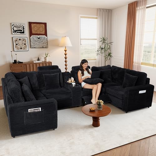 Image of RARZOE Modular Sectional Sofa with 2 Power Recliner, 6-Seater U-Shaped Corduroy Cloud Reclining Couch with Storage Console Charging Cup Holders, Fluffy Comfy Cloud Sofas Couches for Living Room, Black
