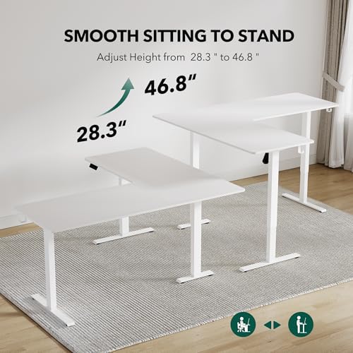 Image of FEZIBO 63 inch x 55 inchL Shaped Standing Desk Adjustable Height, 63 Inch Electric Stand up Corner Computer Desk, Sit Stand Home Office Desk with Splice Board, White