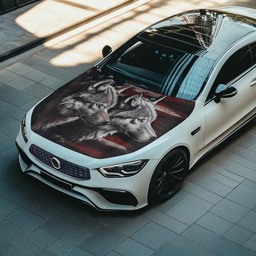 Image of American Flag Wolf Hood Wraps for Cars Hood Wrap Protector Washable Car Hook Elastic Fabrics Can be Washed Hook Wraps