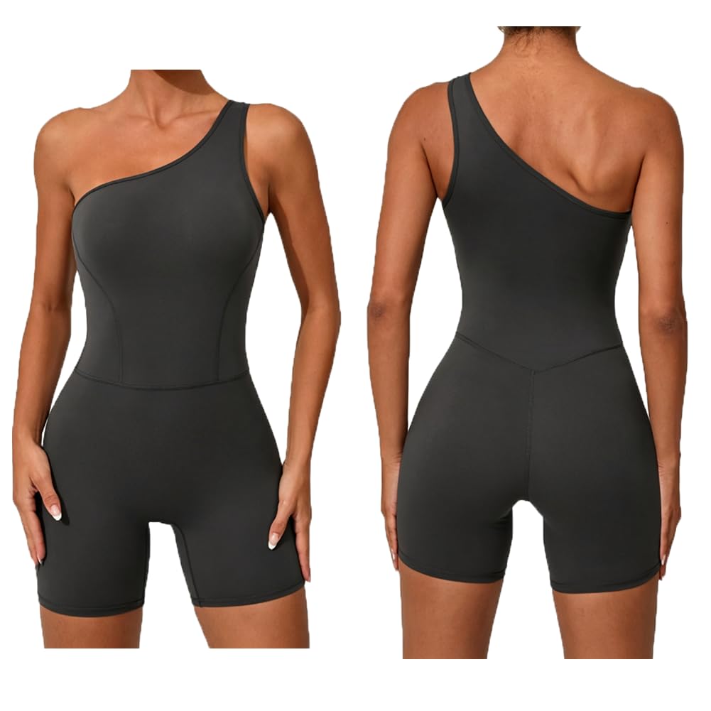 Damski Kombinezon Sportowy Na Jedno Ramię Yoga Push Up Krótki Strój Fitness z Wyjmowanymi Wkładkami(M, Carbon Gray)