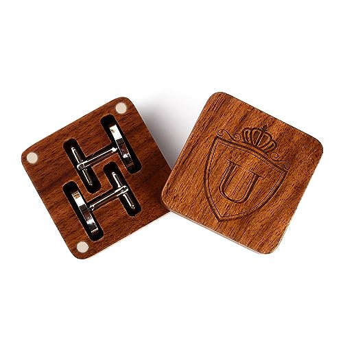Image of Mens Initial Silver Cufflinks A-Z Alphabet Letter Steel Cuff Links with Engraved Walnut Wood Box Groom Groomsman Wedding Set