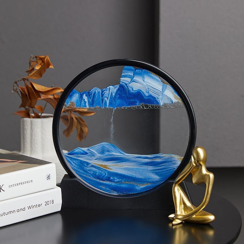 Cadre Sablier AzureLeap – Sable Dynamique En Verre Rond 7 Pouces, Décoration 3D Relaxante Pour Bureau Et Maison, Bleu