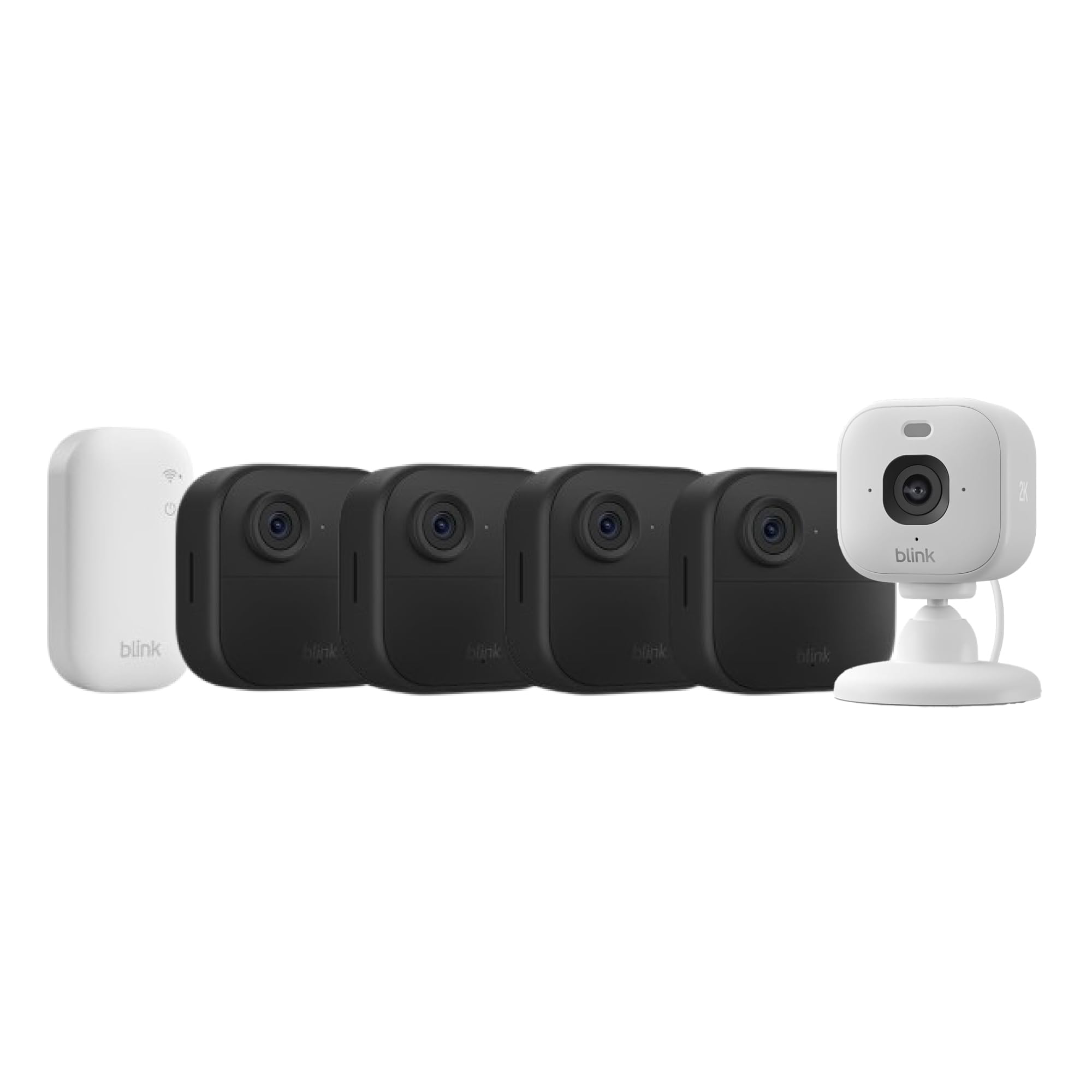Blink-Kamera Outdoor 4 + Blink Mini 2K+ Weiß (neueste Generation)| Kabellose intelligente HD-Sicherheitskamera, zwei Jahre Batterielaufzeit | 4-Kamera-System mit enthaltenem Sync Module Core | IP65
