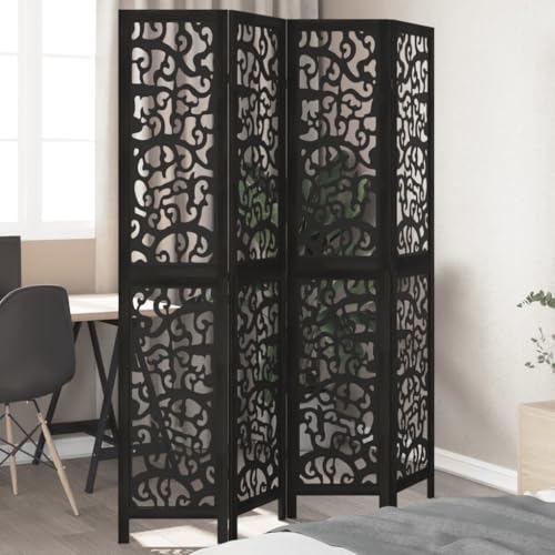 Vetnasa Biombo Separador de 4 Paneles Madera Maciza Paulownia Negro Mobiliario, Divisores de ambientes Negro 9,9 KG