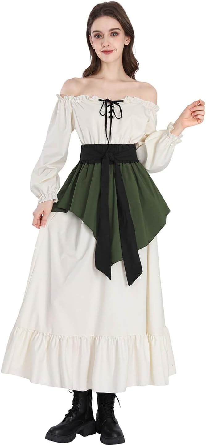 Nuoqi Renaissance Dress Women Off Shoulder Medieval Costume Peasant Dress with Waist Sash - Image 6