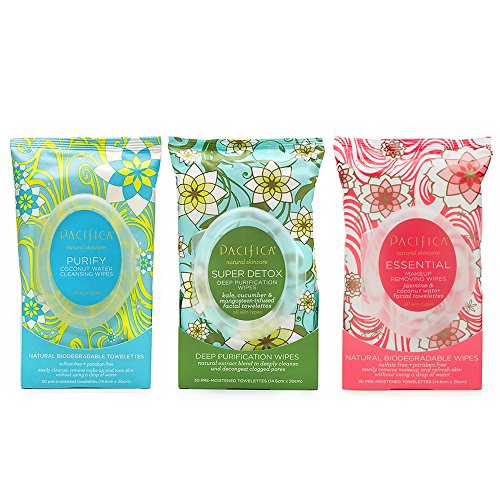 Pacifica Essential Makeup Removing, Purify Coconut Water Cleansing and Super Detox Purification Wipes, 30 ct. each