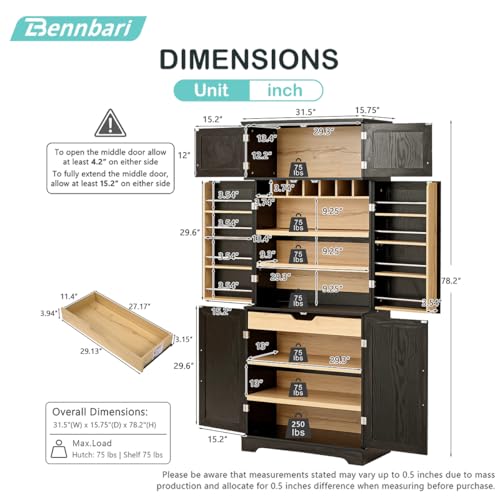 Image of 78.2 inch Tall Farmhouse Kitchen Pantry Cabinet with 8 Door Shelves & 4 Adjustable Shelves, Modern Storage Cabinet with Hidden Drawer & Wine Rack, Versatile Storage Cupboard for Kitchen (Black)