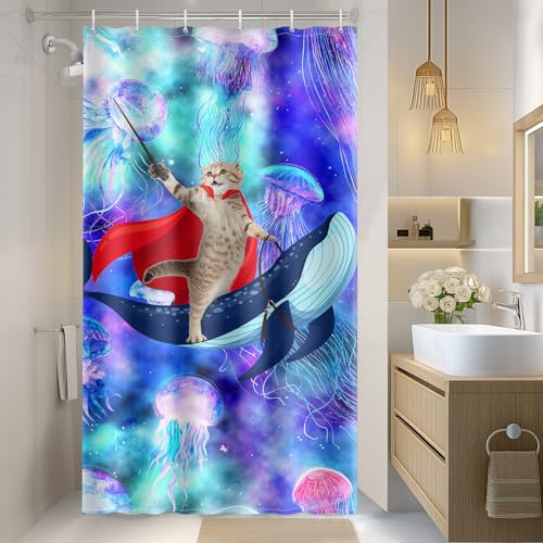 Image of Aimego Stall Small Shower Curtain - Funny Cute Cat Riding Whale on Fantasy Space Galaxy Jellyfish Narrow Half Fabric Cloth Shower Curtain Set for Kids Bathroom Decor Bath Curtain, 36 inchx72 inch