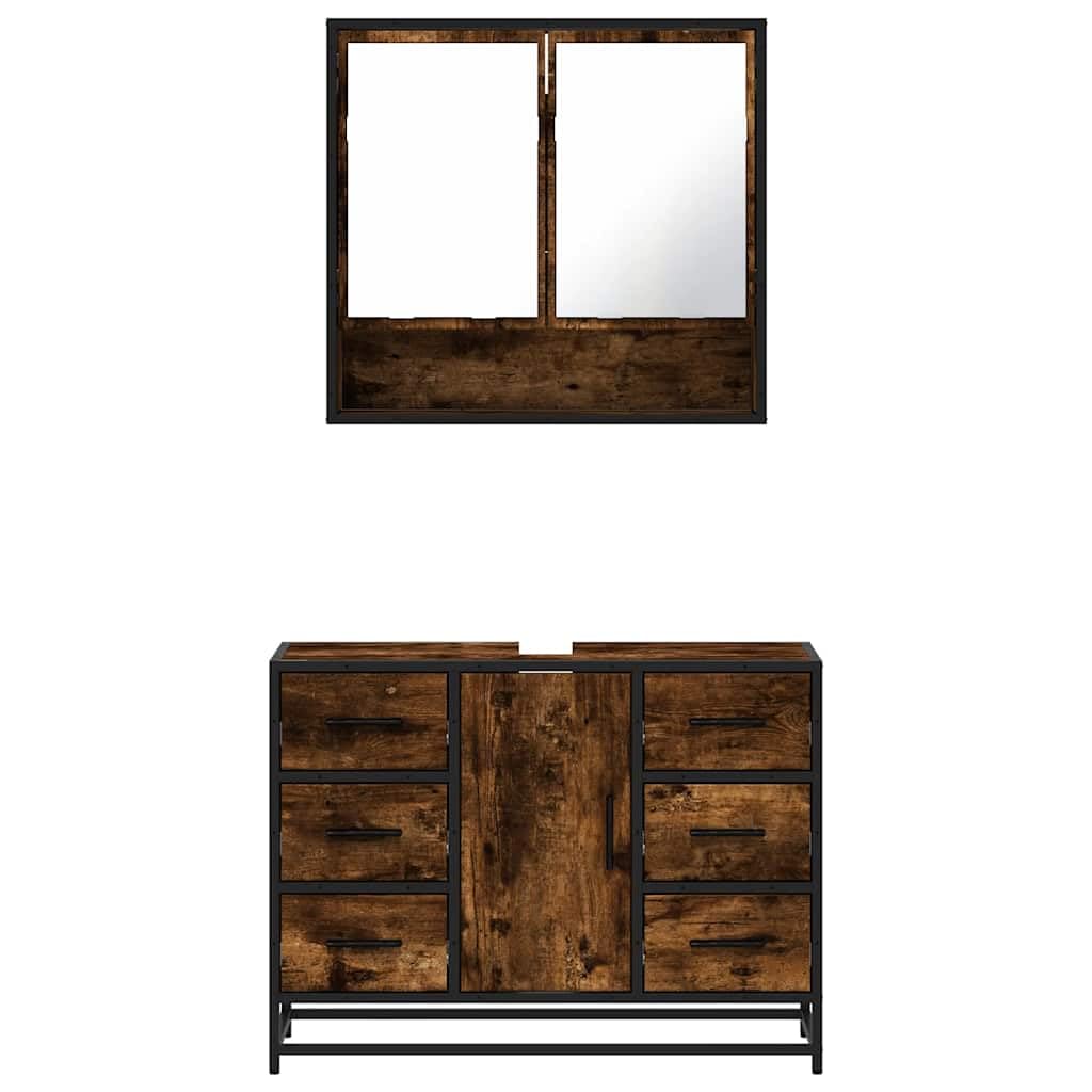 2-częściowy zestaw mebli łazienkowych, dąb wędzony, materiał drewnopochodny z metalowym stelażem, szafka z lustrem 65 x 20 x 60 cm i szafka pod umywalkę 80 x 33 x 60 cm, do przechowywania i