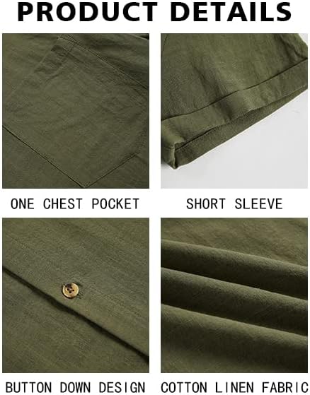 Bbalizko Mens Short Sleeve Button Up Shirts Linen Cotton Beach Tops Spread Collar Plain Summer T Shirt with Pocket - Image 5