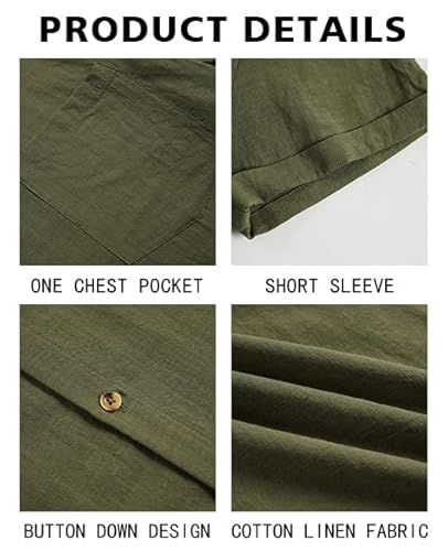 Bbalizko Mens Short Sleeve Button Up Shirts Linen Cotton Beach Tops Spread Collar Plain Summer T Shirt with Pocket (XX-Large, Army Green)