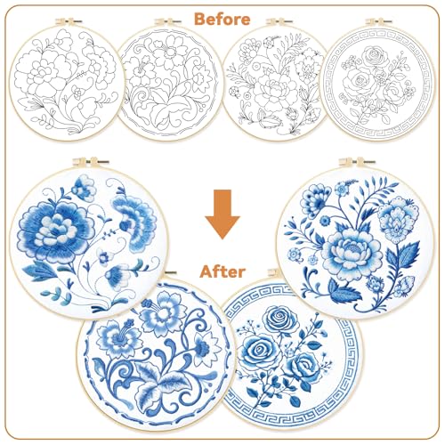 Image of BEUNITONE 4 Set Embroidery Kit for Beginners, Blue Flower Cross Stitch Kits, Needlepoint Kits for Adults with Instructions and Full Kit, Classical Hand Embroidery Patterns for Cloth and Home Decor
