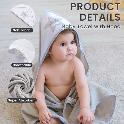 Image of Softan Baby Hooded Towels and Washcloths Set 6 Pack, 28x28 Ultra Soft & Absorbent Baby Bath Towels for Newborn Infant Toddler, Unisex Boys Girls (Grey Star)