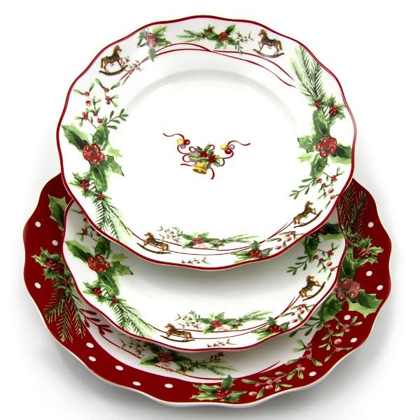 Royal Family Servicio de Vajilla de Navidad con Decoro de Campanas y Caballitos de Doma para 6 Puestos de Mesa (18 Piezas) en Porcelana Brillante y Resistente - Apto para Lavavajillas y Horno