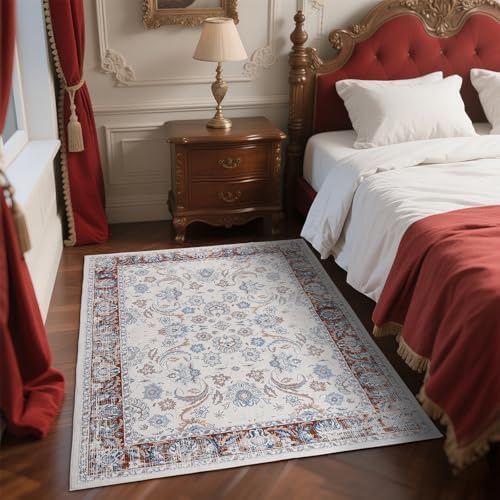 Zentavio Washable Area Rugs 2x3 Door Mat Entryway Vintage Floral Non-Slip Low Pile Entrance Thin Rug Carpet for Kitchen Bathroom Living Room Blue Red