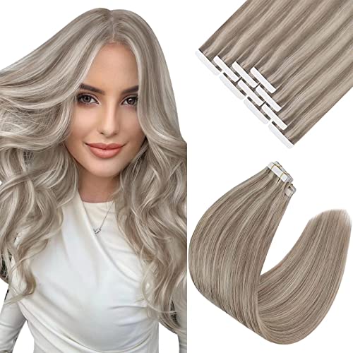 VeSunny Blonde Extensions Remy Tape Hair Blonde Highlighted Human Hair Extensions Color Dirty Blonde MIxed Platinum Blonde Dip Dyed Tape in Human Hair Extensions 20 Pieces 50 Gram 20inch