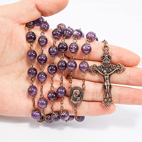 Nazareth Store Vintage Design Rosary Necklace Purple Amethyst Stone Beads 8mm Holy Soil Medal & Cross Crucifix Religious Rosaries Terra Santa Jerusalem Collection2