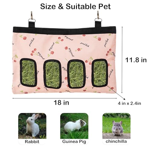 rabbit hay feeder bag large capacity rabbit hay bag small animal hanging hay bag 600d oxford cloth bunny hay feeder bag for rabbits guinea pigs chinchillas pink-4 holes-1pcs