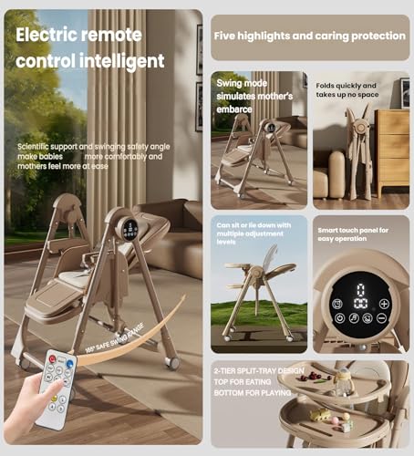 Image of Nine point nine Electric Bluetooth Smart PU Leather High Chair with Swinging Function, Baby High Chairs for Babies and Toddlers, Baby Feeding Chairs Seat, Removable Wheels, Double Tray (E8121 Grey)