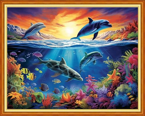 Image of Joyhoor Cross Stitch Kits for Beginners Stamped Cross-Stitch Supplies Needlework preprint Embroidery Kits for Adults DIY Needlepoint Kits Embroidery Patterns 11CT-Underwater World 16x20 inchs