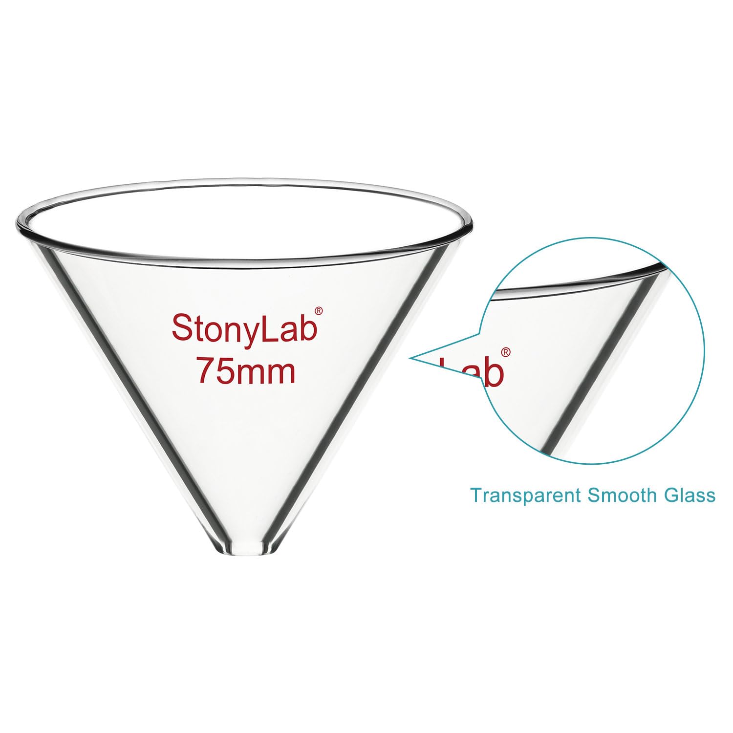 stonylab Imbuto di Vetro, Imbuto Senza Stelo in Vetro Borosilicato Addensato con Diametro Interno di 75 mm per Uso in Laboratorio