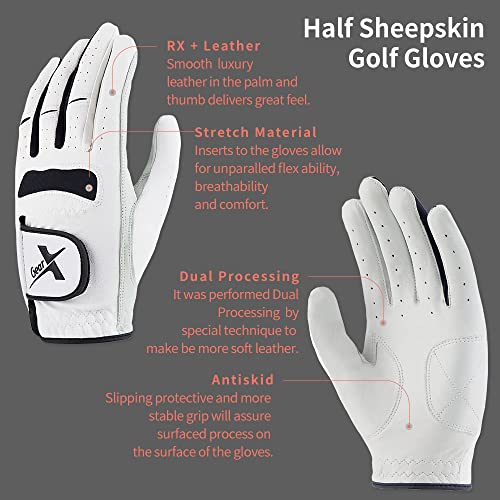 Gearx Men's Half Sheep Skin Golf Gloves, White (Large(25), Left) #TOP4