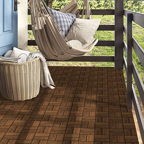Vancastle 9Pcs Wood Interlocking Deck Tiles 12"X12", Patio Flooring Outdoor Waterproof All Weather Use, Wood Flooring For Patio Garden Poolside Front/Back Yard, Walnut #TOP1
