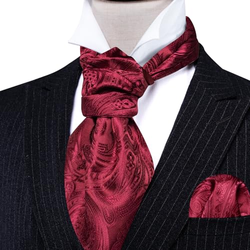 Image of Barry.Wang Ascot Ties Cravat Tie Men Paisley Plaid Scarf Self Tie Pocket Square Cufflinks Set Wedding Party